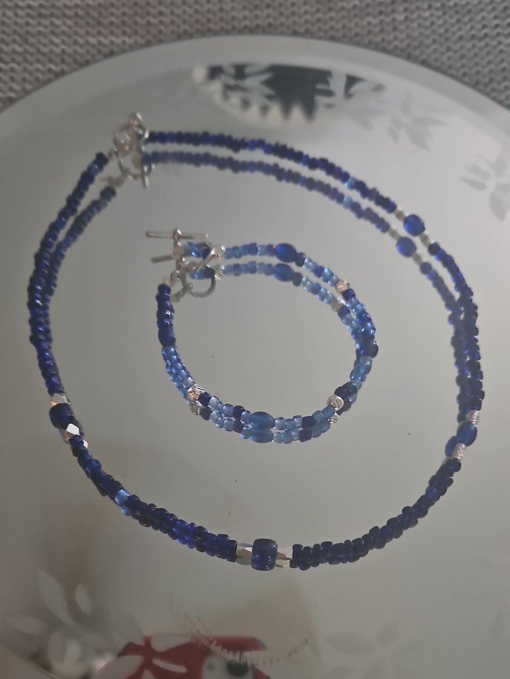 Handmade Blue Beaded Necklace and Bracelet Set